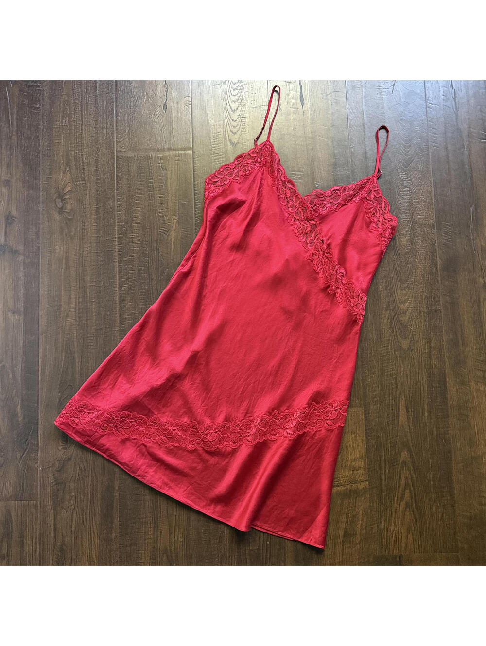 Vintage 90s Cherry Red Silk Lace Dress Neiman Marcus Sz M Angel Lingerie Slip